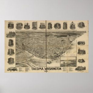 1893 Tacoma, WA Birds Öga View Panoramic Karta Poster