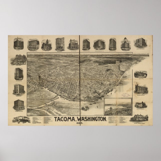 1893 Tacoma, WA Birds Öga View Panoramic Karta Poster (Framsidan)