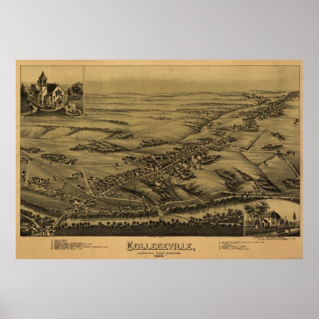 1894 Aerial Karta Collegeville PA Pennsylvania Poster (Framsidan)