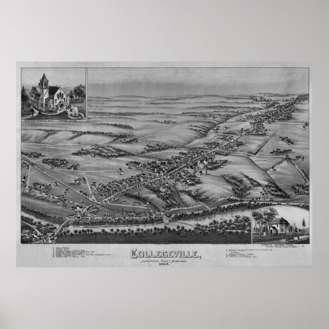 1894 Aerial Karta Collegeville PA Pennsylvania Poster (Framsidan)