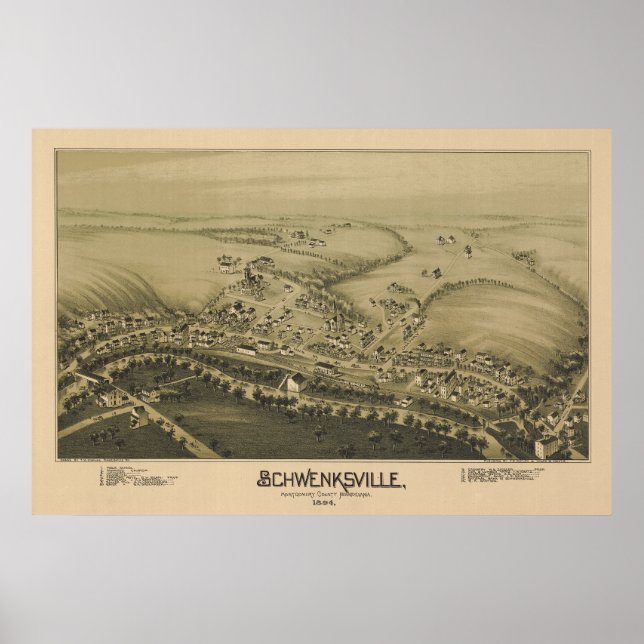 1894 Aerial Karta Schwenksville PA Pennsylvania Poster (Framsidan)