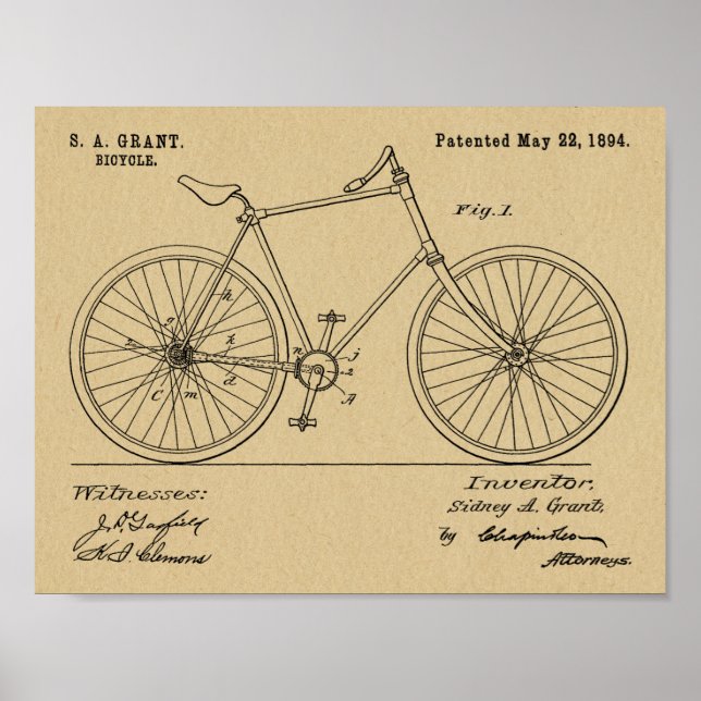 1894 Chainless Shaft Drive Bicycle Patent Print Poster (Framsidan)