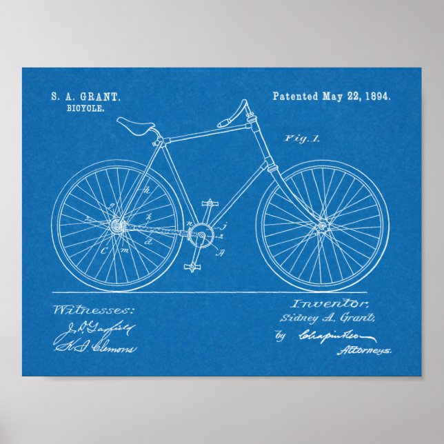 1894 Chainless Shaft Drive Bicycle Patent Print Poster (Framsidan)