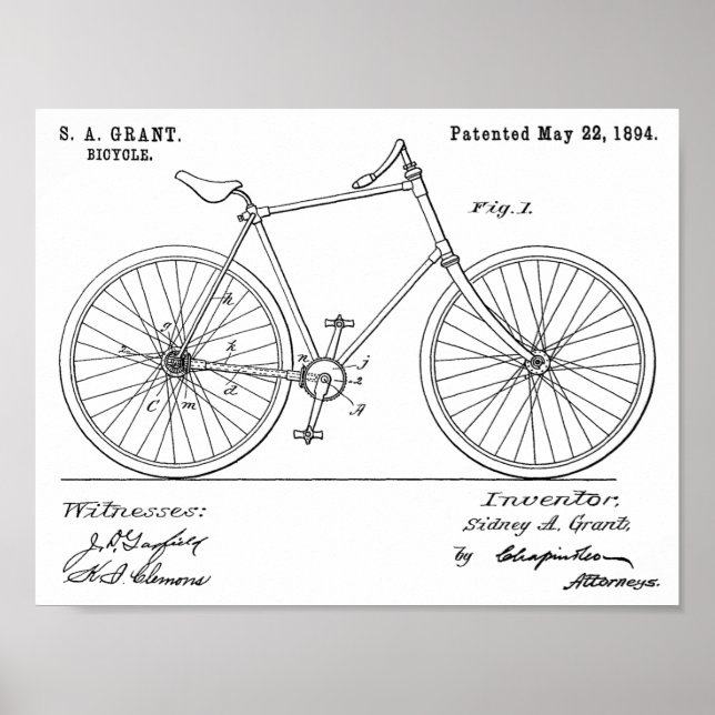 1894 Chainless Shaft Drive Bicycle Patent Print Poster (Framsidan)