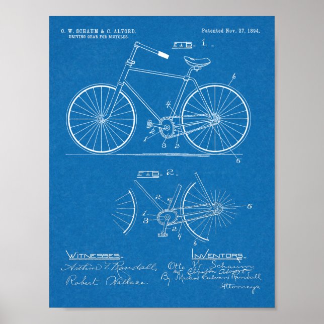 1894 Elliptical Gear Bicycle Design Patent Print Poster (Framsidan)
