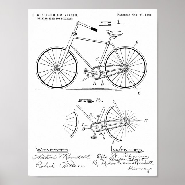 1894 Elliptical Gear Bicycle Design Patent Print Poster (Framsidan)