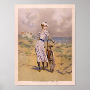 1894 Färg Bicycle and Art Print Girl Beach Poster
