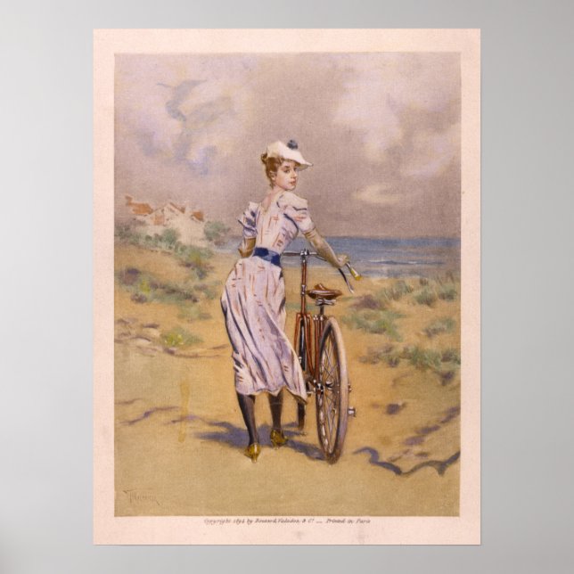 1894 Färg Bicycle and Art Print Girl Beach Poster (Framsidan)