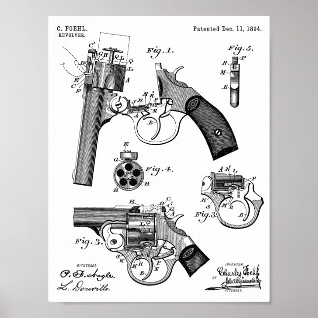 1894 Foehl Gun Patent Art Teckning Skriv ut Poster (Framsidan)