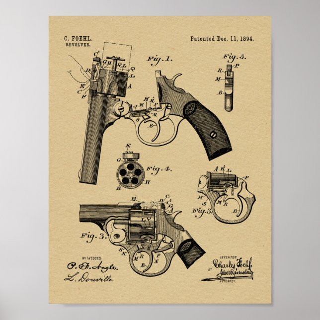 1894 Foehl Gun Patent Art Teckning Skriv ut Poster (Framsidan)