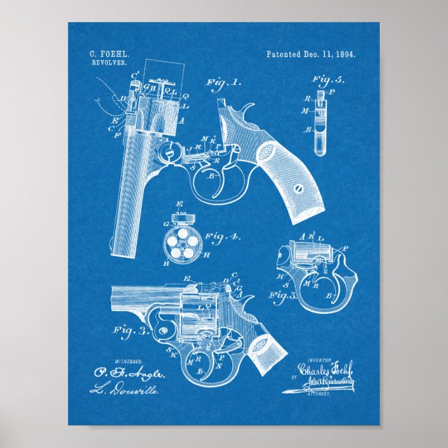 1894 Foehl Gun Patent Art Teckning Skriv ut Poster (Framsidan)