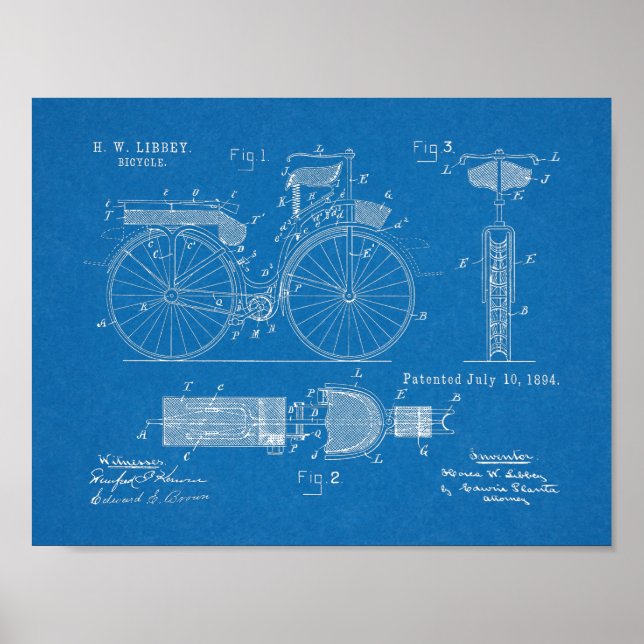 1894 Militär cykelpatent Art Teckning Skriv ut Poster (Framsidan)