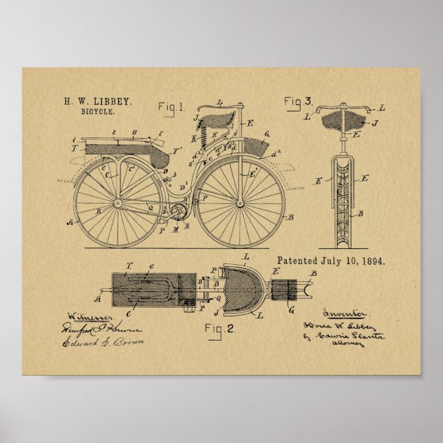 1894 Militär cykelpatent Art Teckning Skriv ut Poster (Framsidan)