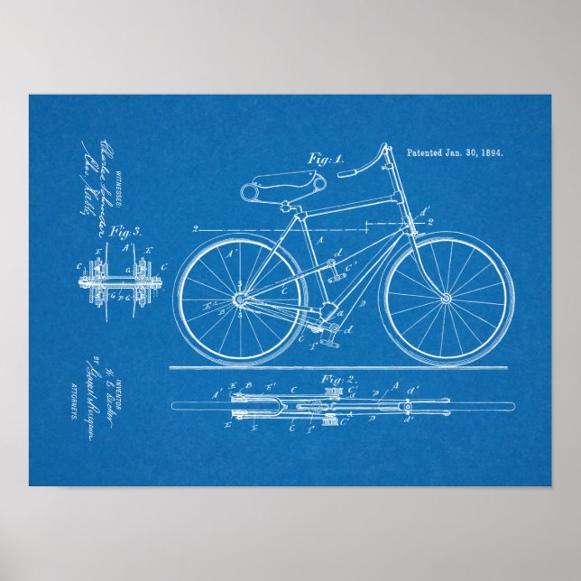 1894 Skrivbar utskrift av cykelpatent Poster (Framsidan)