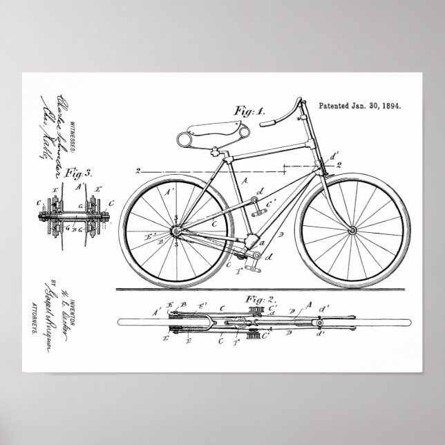 1894 Skrivbar utskrift av cykelpatent Poster (Framsidan)