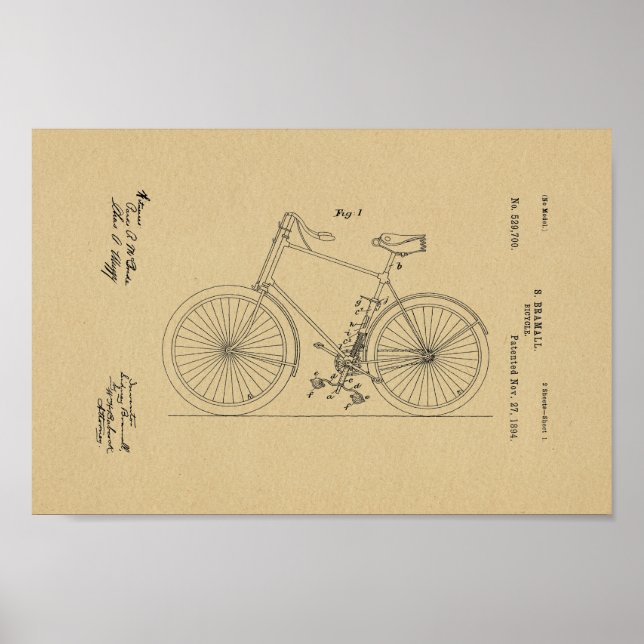 1894 Vintage - utskrift av cykelpatent Poster (Framsidan)
