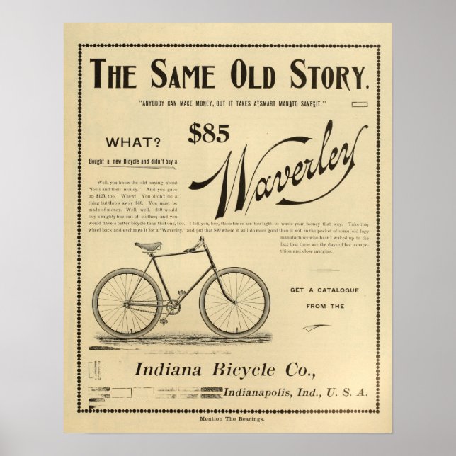 1894 Waverly Indiana Bicycle Ad Art Poster (Framsidan)