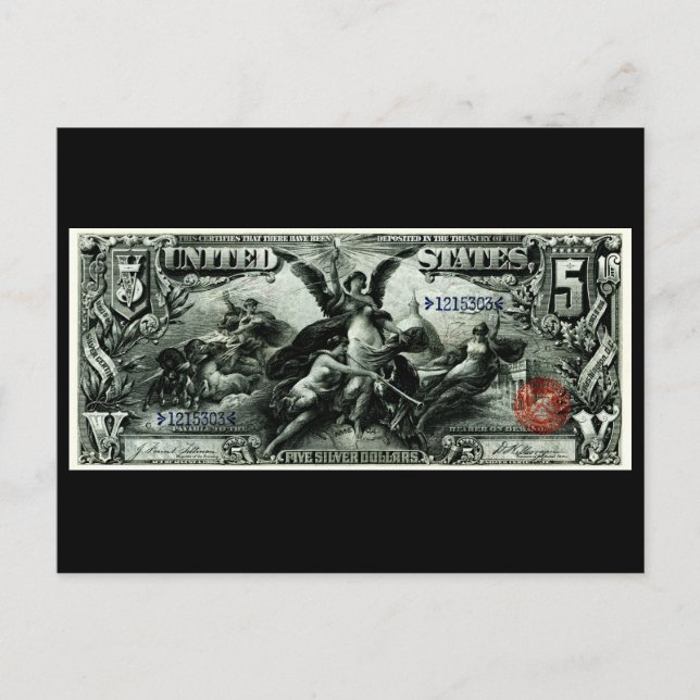 1896 amerikanska femdollarintyg silver vykort (Framsida)