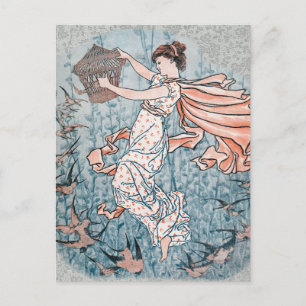1896 Art nouveau Illustration med kvinnor och fågl Vykort