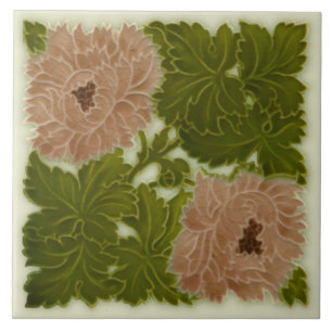 1896 Minton Peony Rosa & Grönt Majolica Tile Repr Kakelplatta