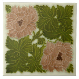 1896 Minton Peony Rosa & Grönt Majolica Tile Repro Kakelplatta