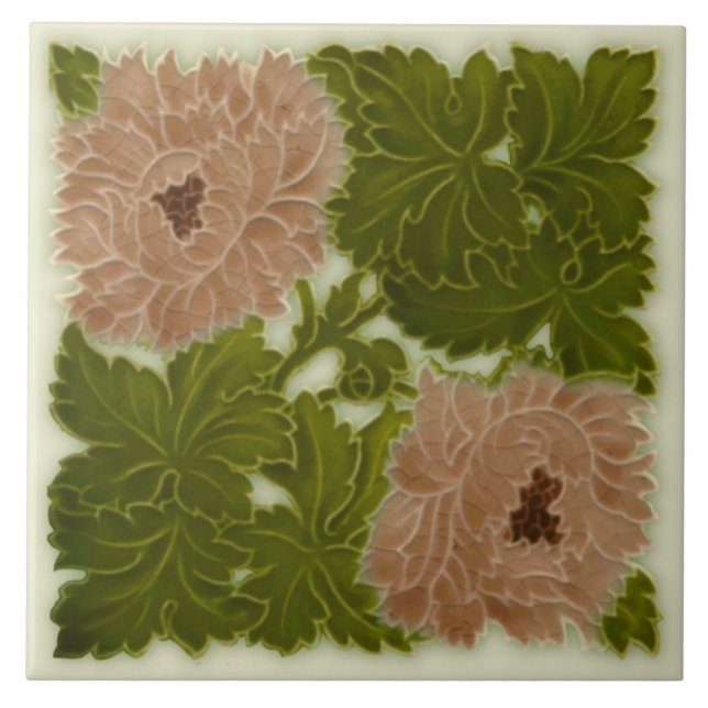 1896 Minton Peony Rosa & Grönt Majolica Tile Repro Kakelplatta (Framsidan)