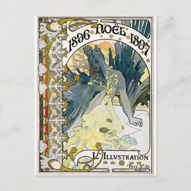 1896 NOEL 1897 Alphonse Maria Mucha Helg Vykort (Framsida)