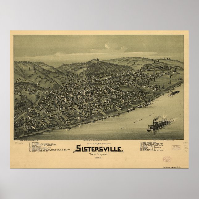 1896 Sistersville WV Bird's Öga View Panoramic Kar Poster (Framsidan)