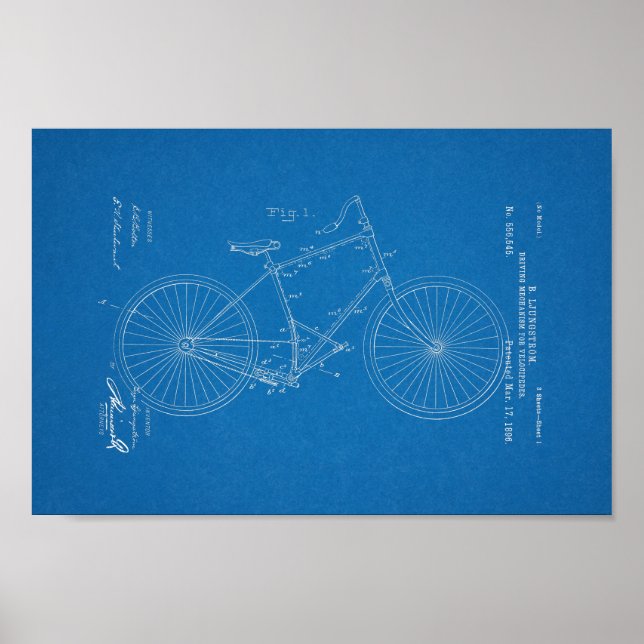 1896 Vintage Bicycle Patent Print Blueprint Poster (Framsidan)