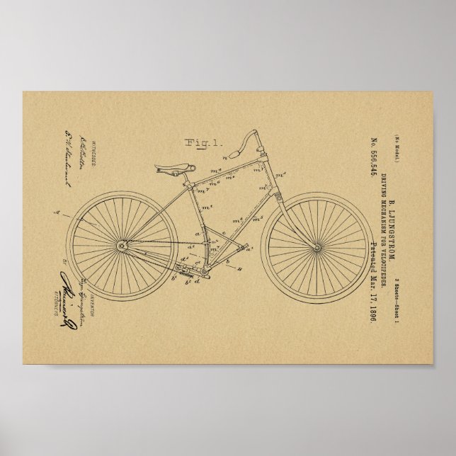 1896 Vintage Bicycle Velocipede Patent Art Print Poster (Framsidan)