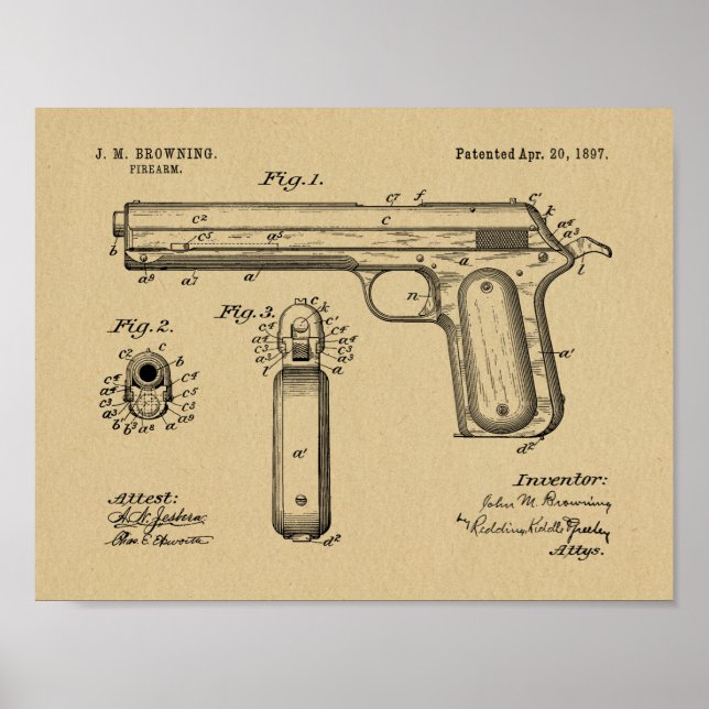 1897 Browning Gun Patent Art Teckning Print Poster (Framsidan)