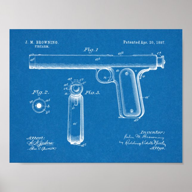 1897 Browning Gun Patent Art Teckning Print Poster (Framsidan)