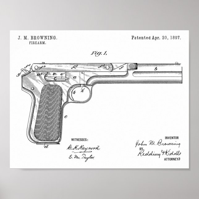 1897 Browning Gun Patent Art Teckning Print Poster (Framsidan)