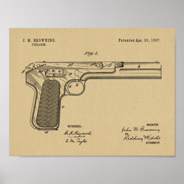 1897 Browning Gun Patent Art Teckning Print Poster (Framsidan)