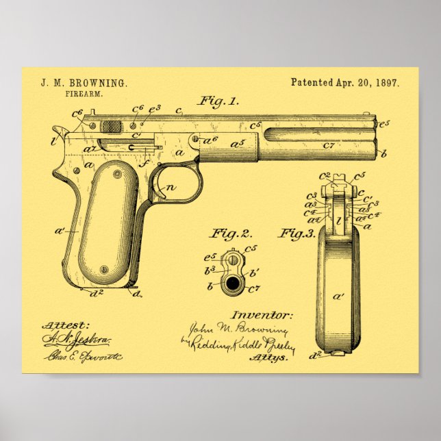1897 Browning Gun Patent Art Teckning Print Poster (Framsidan)