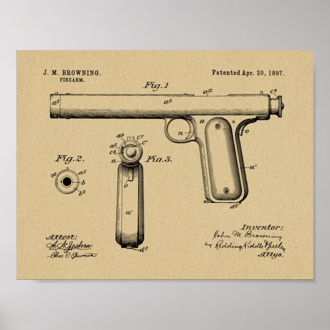 1897 Browning Gun Patent Art Teckning Print Poster (Framsidan)
