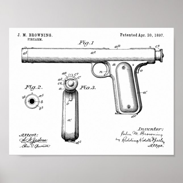 1897 Browning Gun Patent Art Teckning Print Poster (Framsidan)