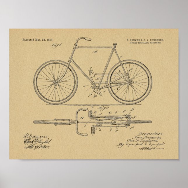 1897 Chainless Cycle Patent Art Teckning Skriv ut Poster (Framsidan)
