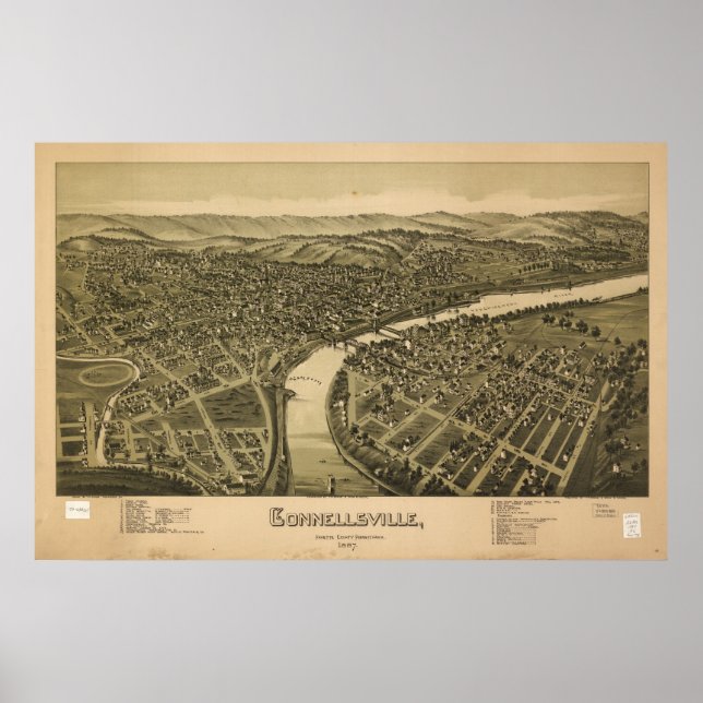 1897 Connellsville PA Birds Öga View Panoramic Kar Poster (Framsidan)