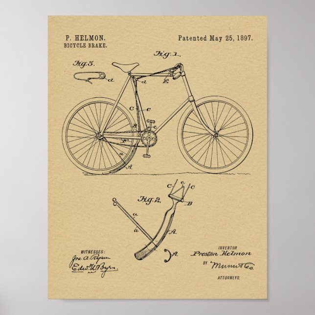 1897 Skriv ut med Teckning för cykelbromsning Poster (Framsidan)
