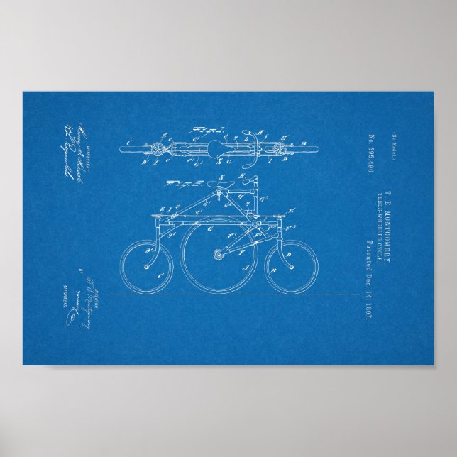 1897 Vintage Bicycle Patent Blueprint Art-utskrift Poster (Framsidan)