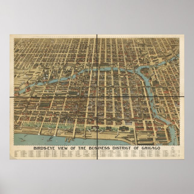 1898 Chicago, IL Birds Öga View Panoramic Karta Poster (Framsidan)