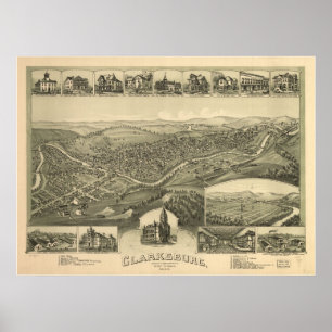 1898 Clarksburg, WV-fågel panorama- karta för öga Poster