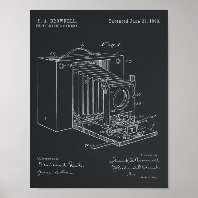 1898 FV-utskrift av kamerapatent Art Teckning Poster (Framsidan)