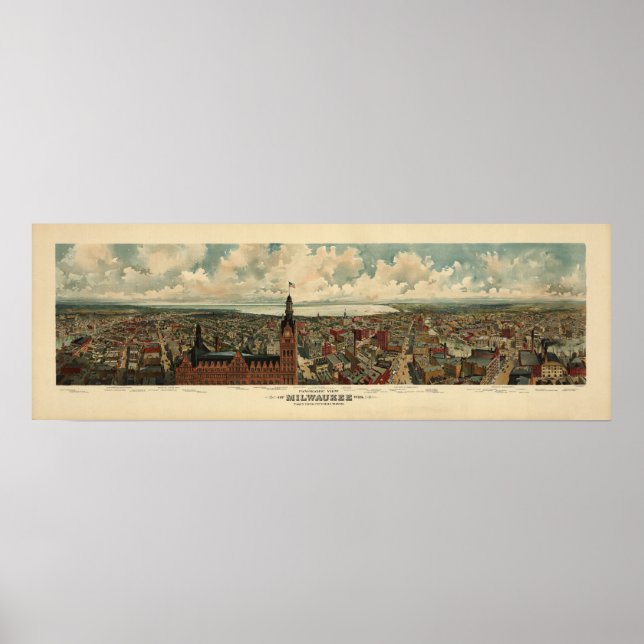 1898 Milwaukee, WI Birds Öga View Panoramic Karta Poster (Framsidan)