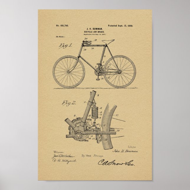 1898 Vintage Bicycle Luft Broke Patent Art Print Poster (Framsidan)