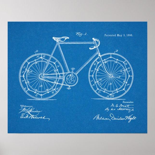 1898 Vintage Bicycle Wheel Patent Blue Art Poster (Framsidan)