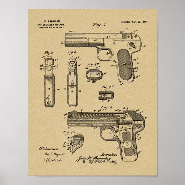 1899 Browning Gun Patent Art Teckning Print Poster (Framsidan)