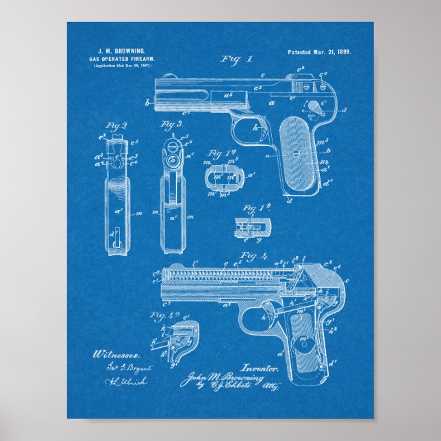1899 Browning Gun Patent Art Teckning Print Poster (Framsidan)