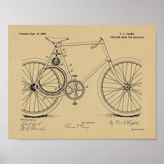 1899 Cycle Gear Patent Art Teckning Skriv ut Poster (Framsidan)